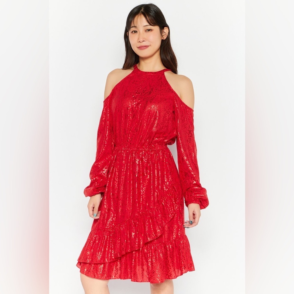 MICHAEL Michael Kors Metallic Snake Print Cold-Shoulder Dress, Size L - Picture 1 of 12